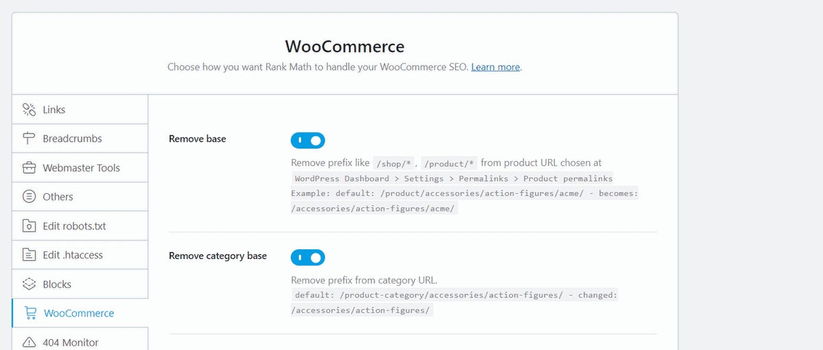 thiết lập woocommece cho rank math seo