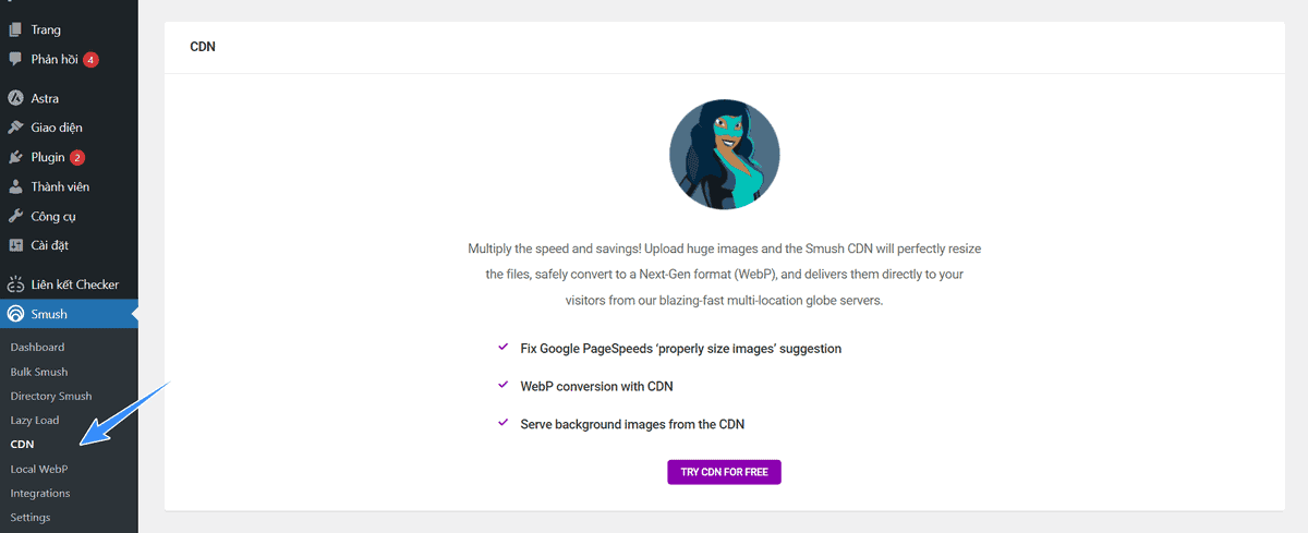 tính năng cdn và webp ở smush