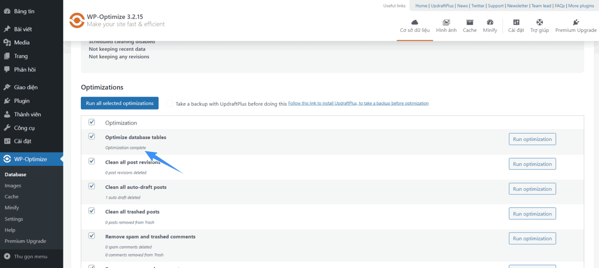 tối ưu hóa database trên wp optimize thành công