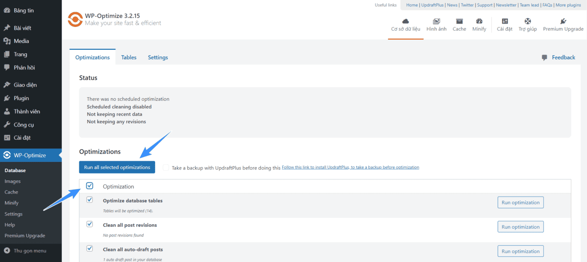 tối ưu database trên wp-optimize
