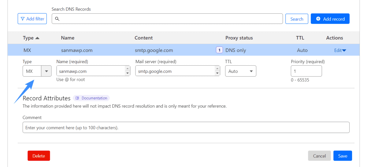 trỏ bản ghi mx google workspace