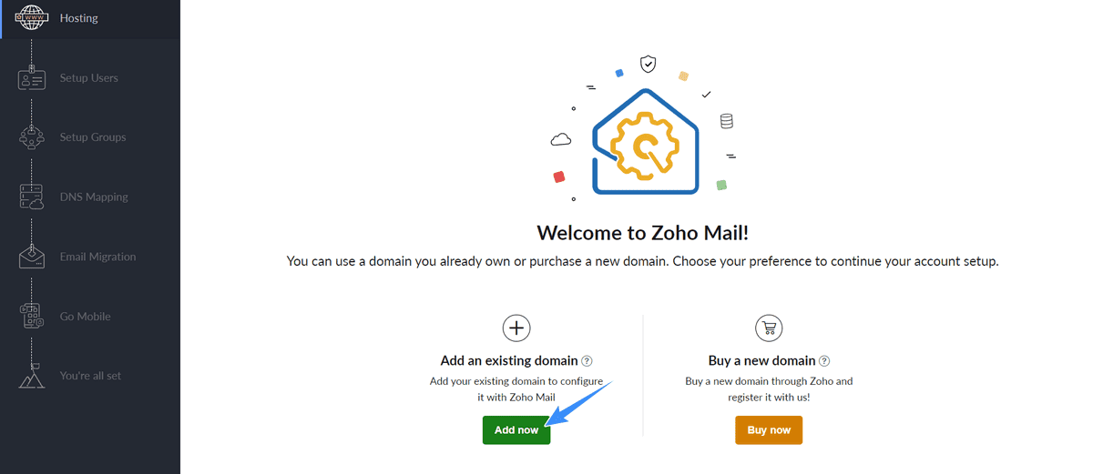 chọn add now để thêm tên miền hiện có vào zoho mail