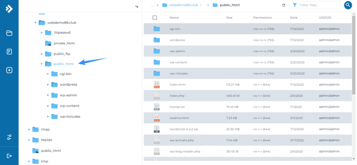 di chuyển toàn bộ file ra thư mục chính directadmin