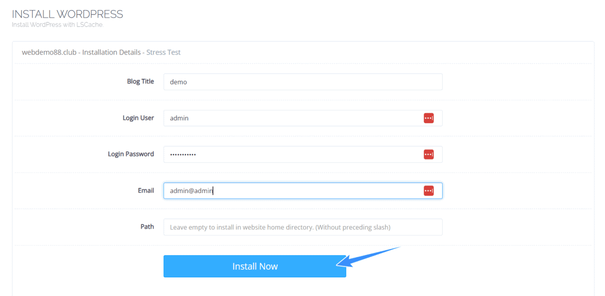 điền các thông tin để cài đặt wordpress trên cyberpanel