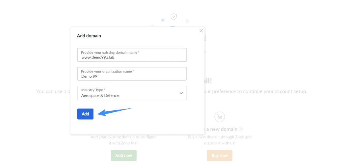 điền chính xác tên miền của bạn vào zoho mail