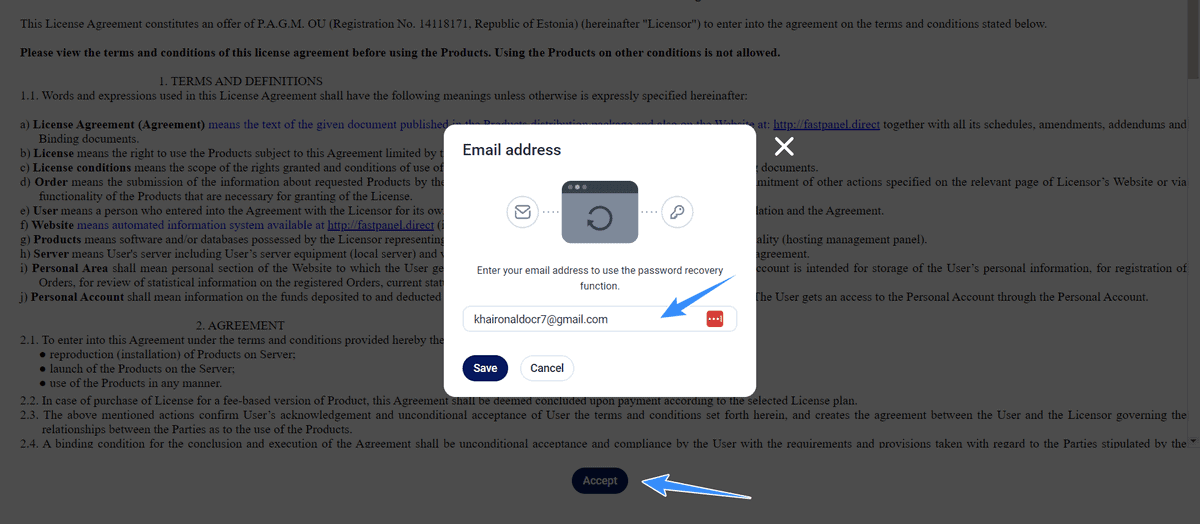 điền email khôi phục fastpanel