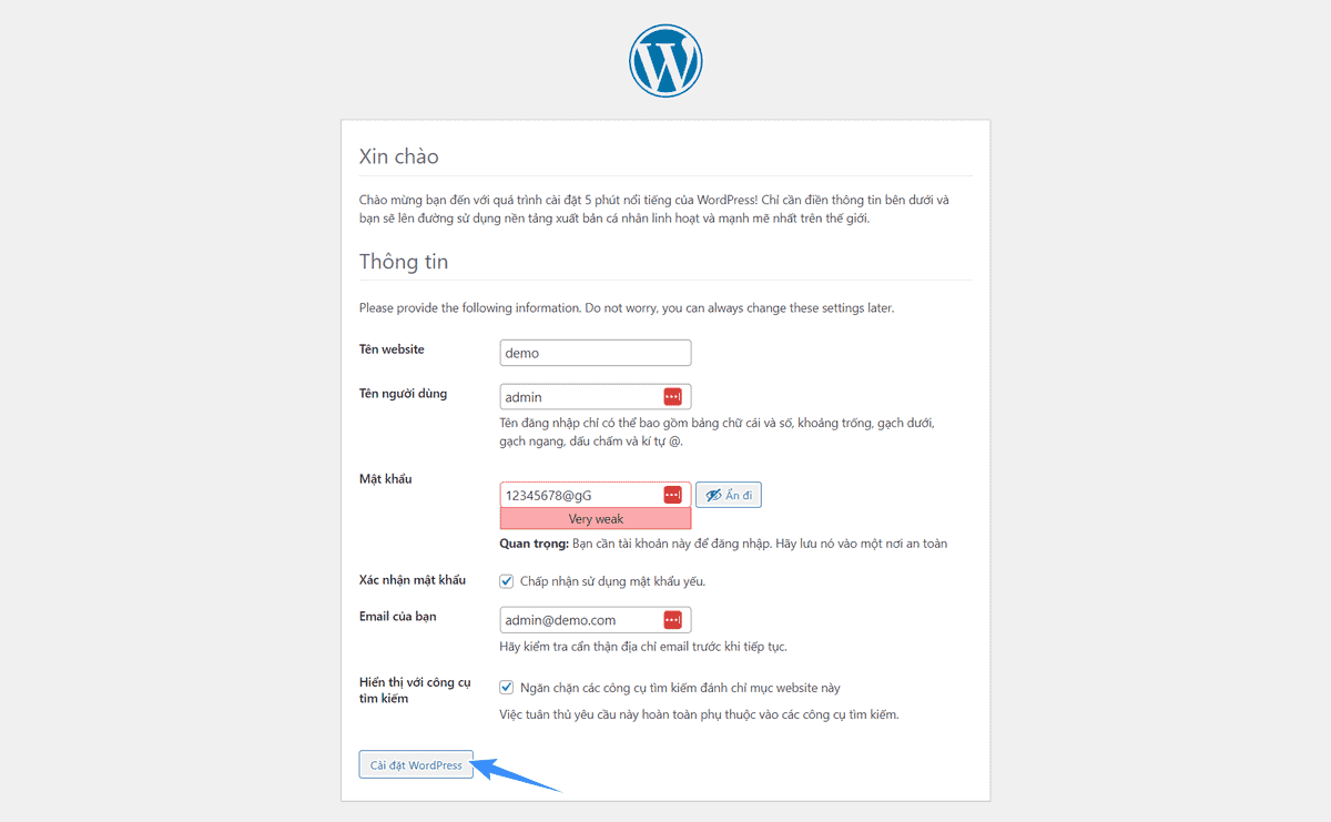 điền thông tin admin wordpress khi cài đặt directadmin