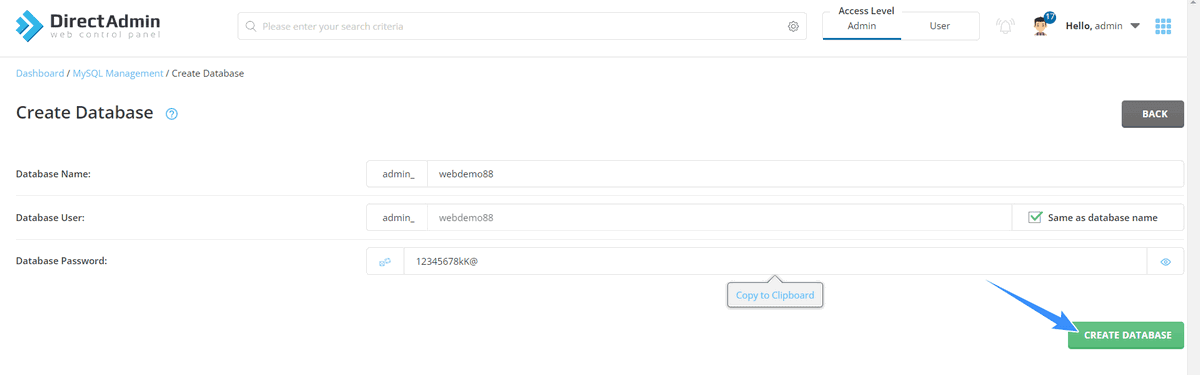 điền thông tin user và pass để tạo database