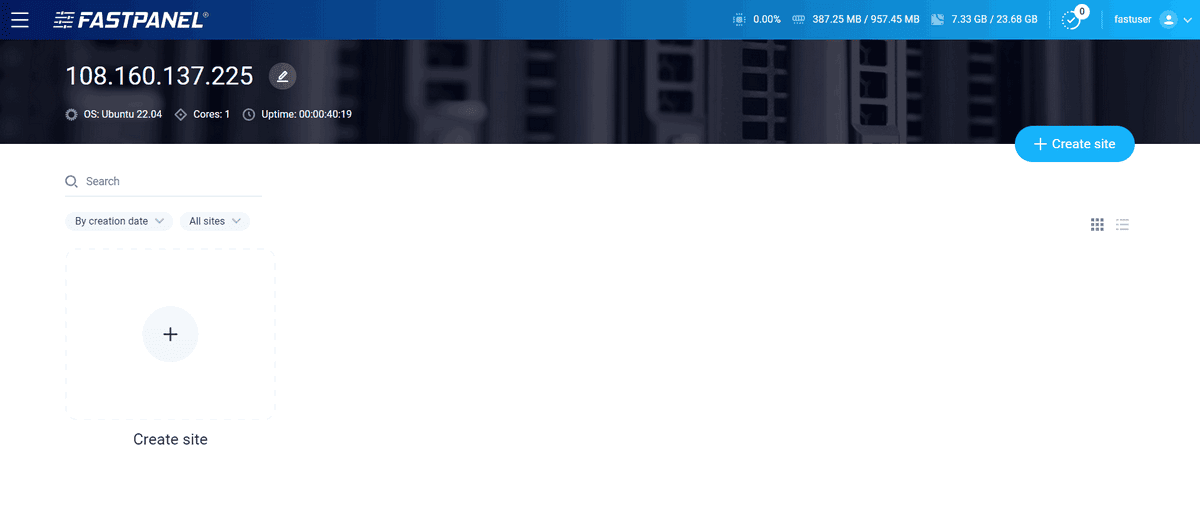 giao diện fastpanel khi đăng nhập thành công