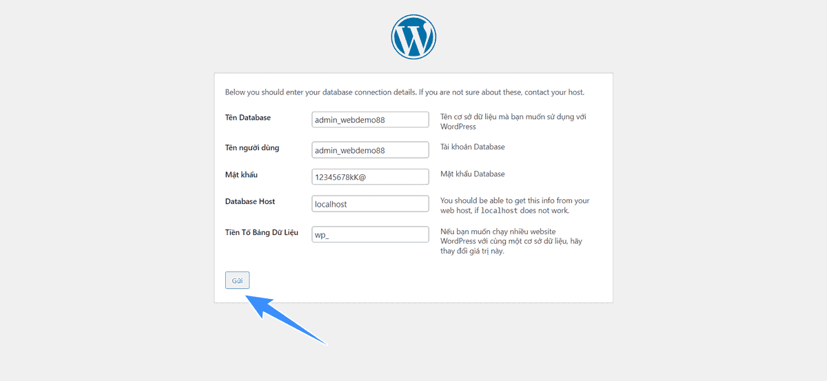 kết nối database khi cài đặt wordpress trên directadmin