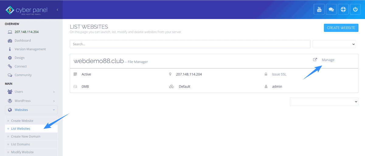 manage website trên cyberpanel