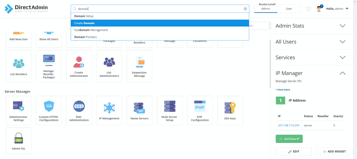 tạo tên miền mới directadmin