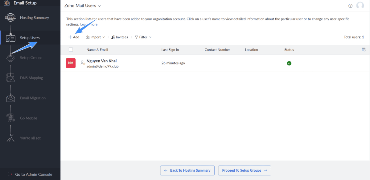 tạo thêm user cho zoho email