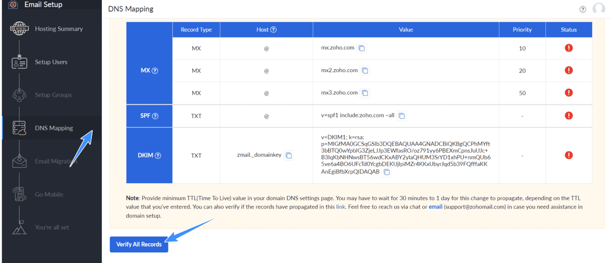 thiết lập chính xác dns mapping cho zoho mail