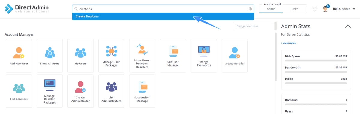 tìm create database trên directadmin