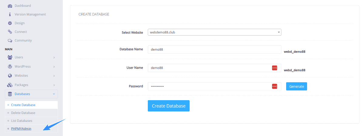 truy cập phpmyadmin để upload database cyberpanel
