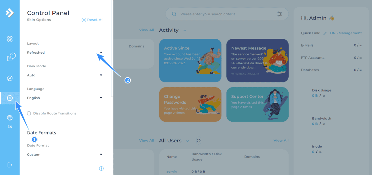 tùy chỉnh lại layout của directadmin