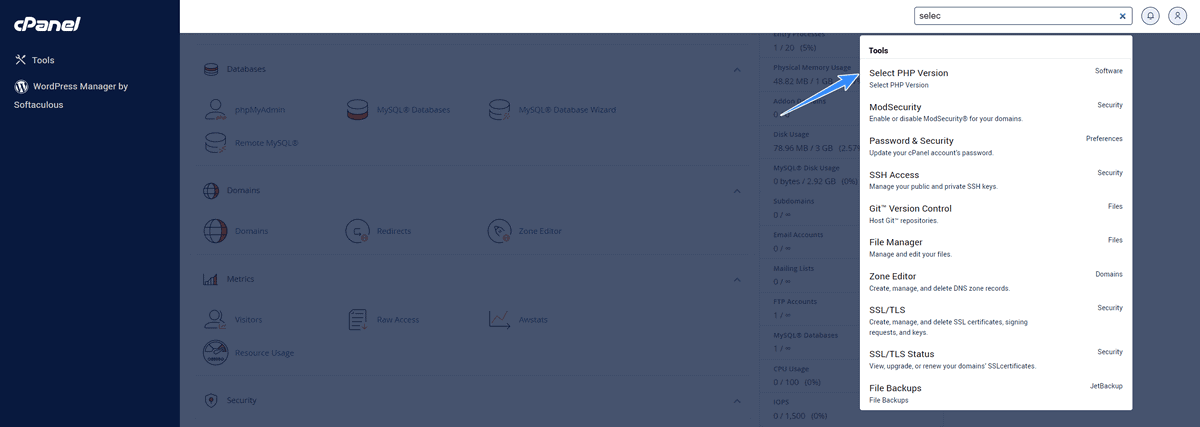 chọn tiện ích select php vesion