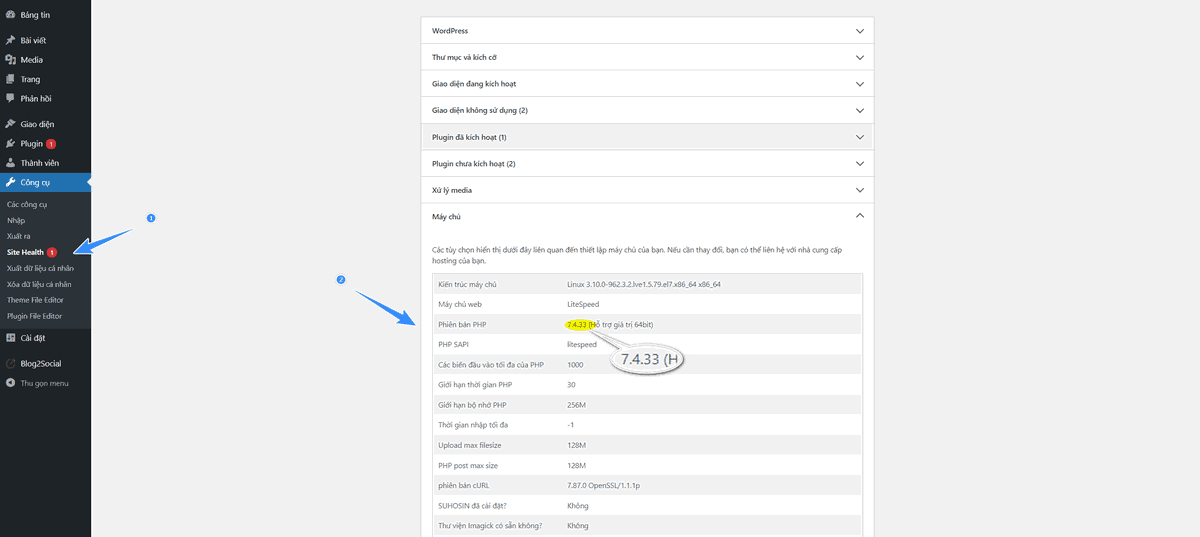 kiểm tra phiên bản php wordpress directadmin