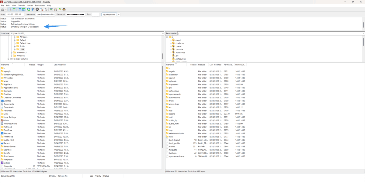 mở phần miềm filezilla và nhập đầy đủ các thông tin ip user và pass để đăng nhập