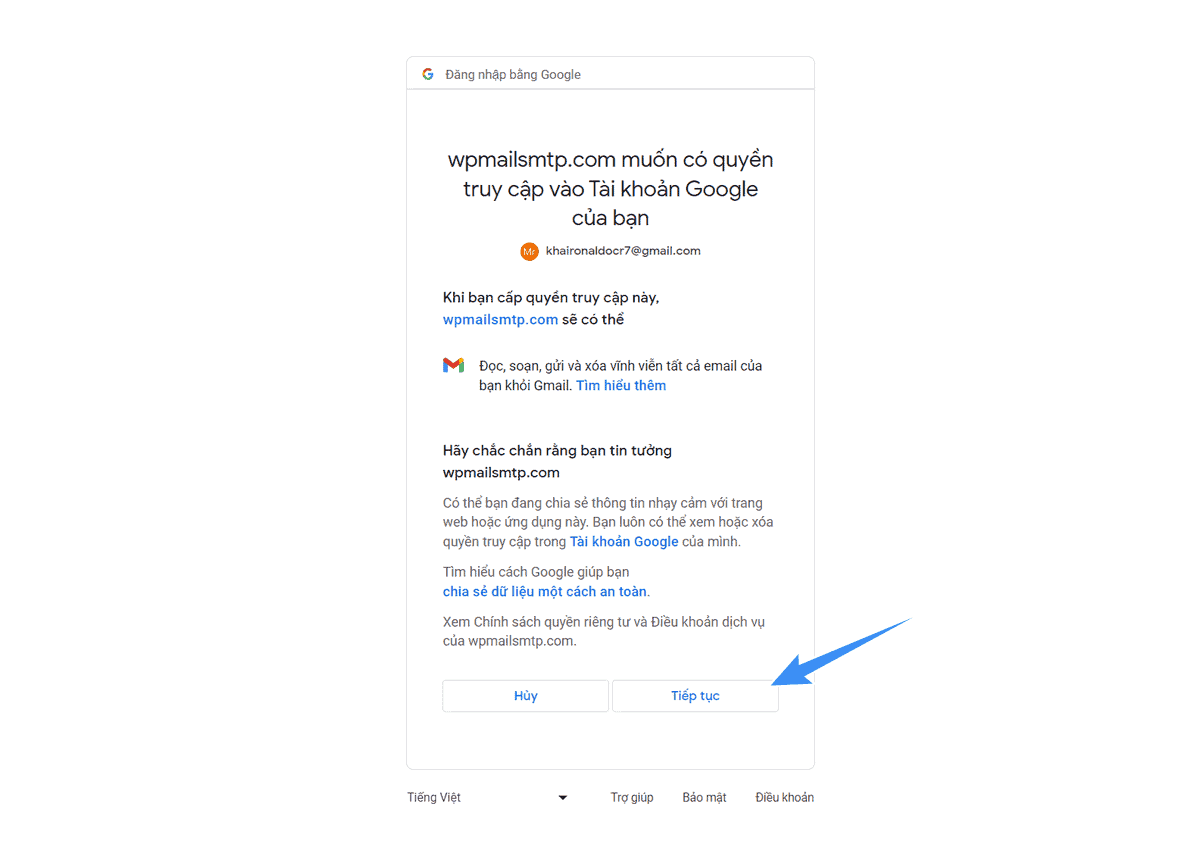 chọn tiếp tục để xác mình và gửi mail google api