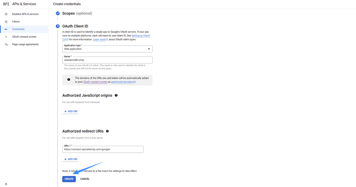 điền tên và url authorized redirect gmail api