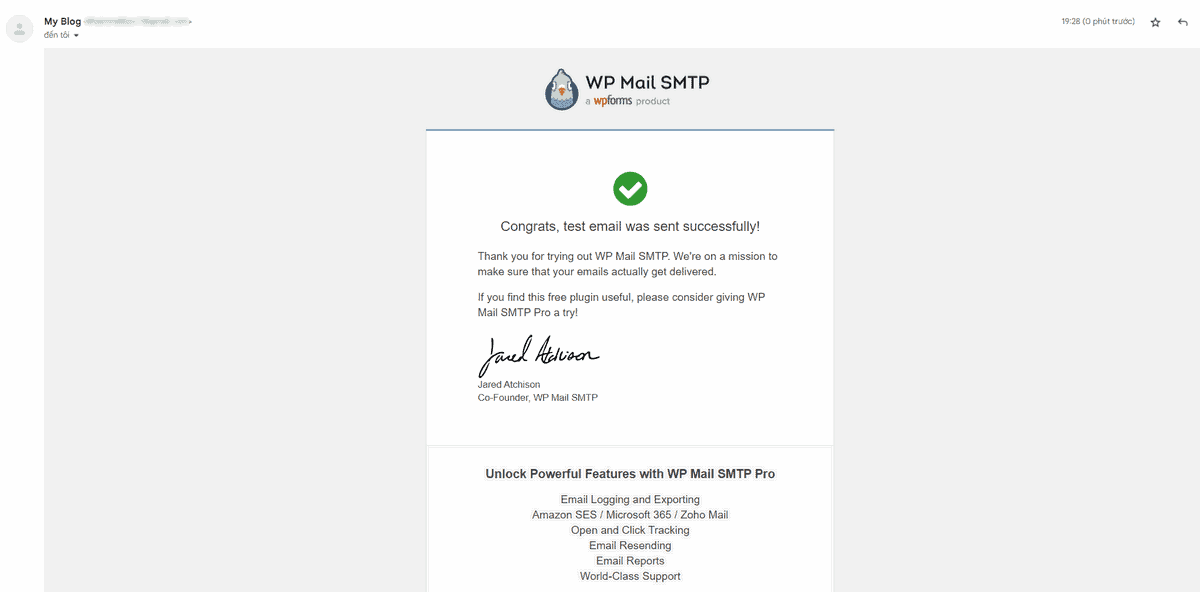 email test wp mail smtp thành công