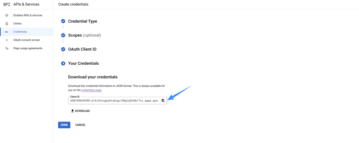 lưu lại client id google cloud api