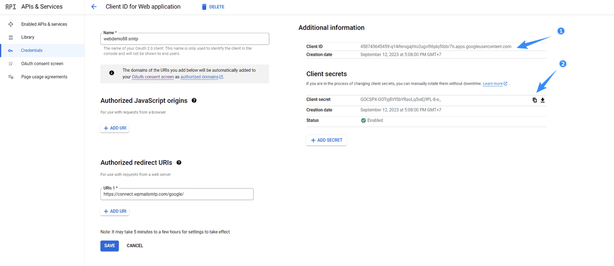 lưu lại lần lượt client id và client secret gmail api