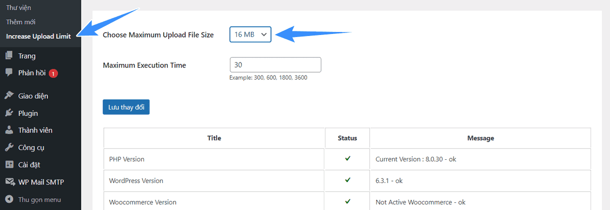 thay đổi upload file max size bằng plugin wordpress