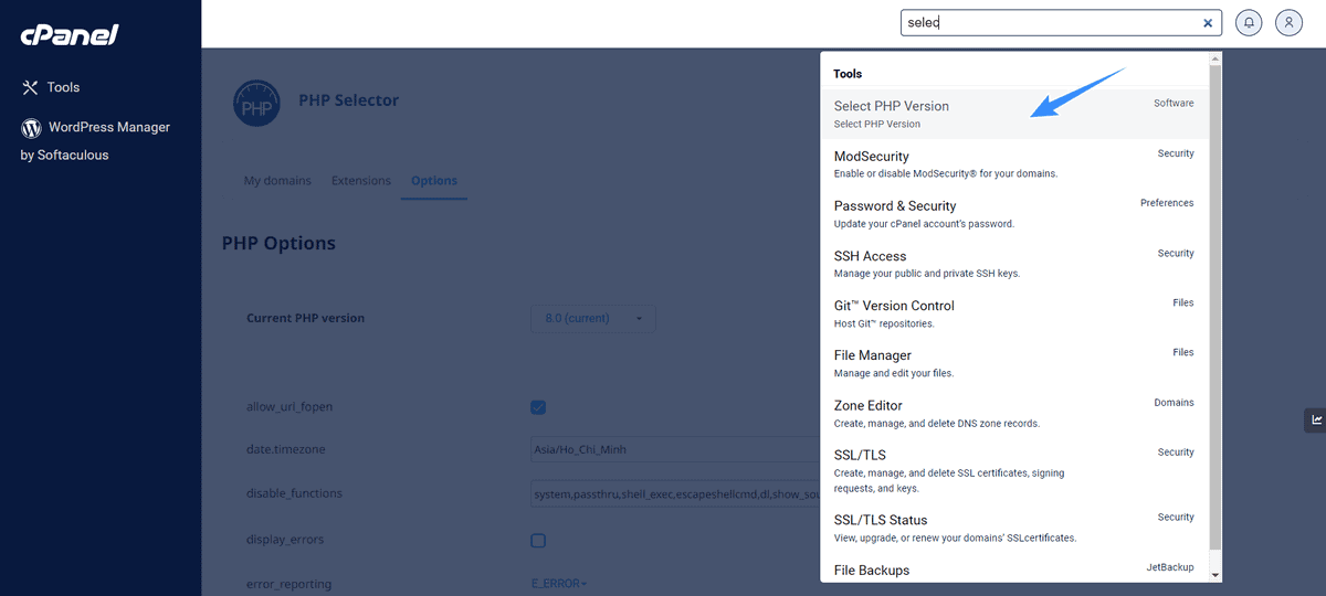 tìm select php version trên cpanel để tăng giới hạn upload