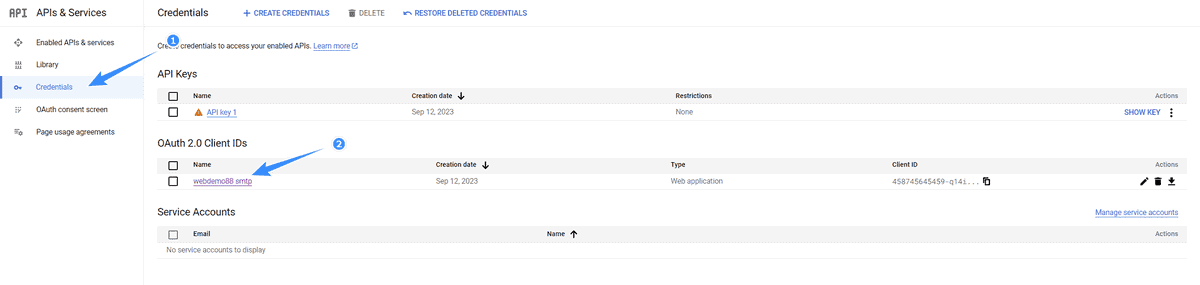 vào credentials google cloud
