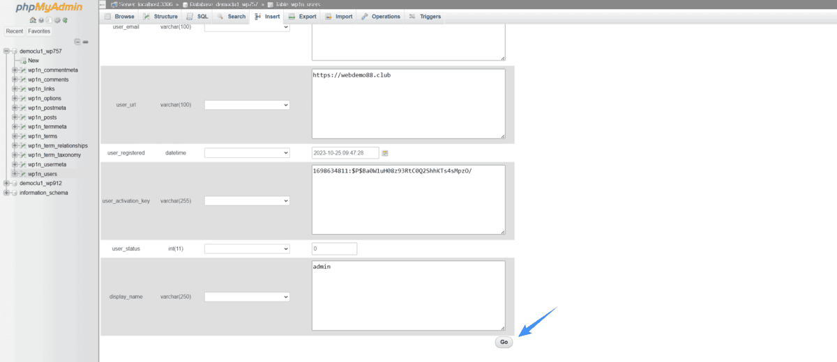chọn go để thực thi lệnh và lấy lại mật khẩu admin wordpress