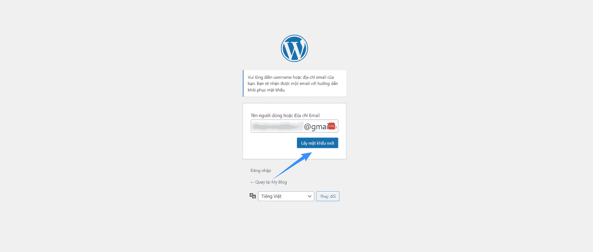 điền user và email để lấy lại mật khẩu mới