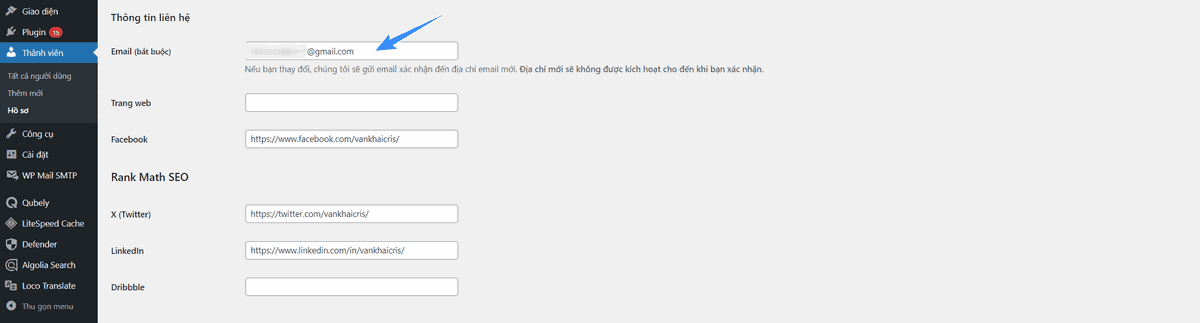 email chính của wordpress admin