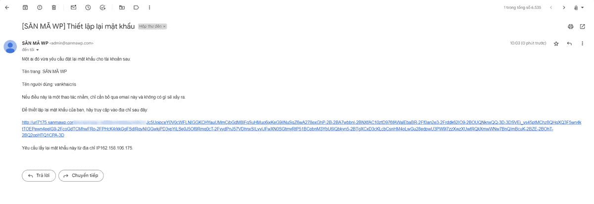 email khôi phục mật khẩu admin từ wodpress