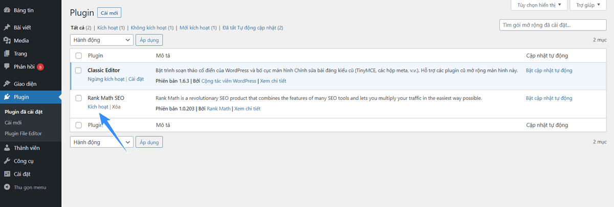 kích hoạt plugin sau khi cài đặt qua ftp