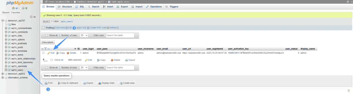 tìm bảng user và chọn edit user admin
