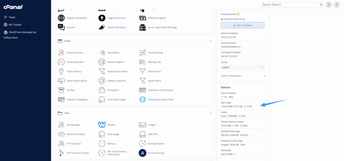 cách kiểm tra dung lương hosting trên cpanel