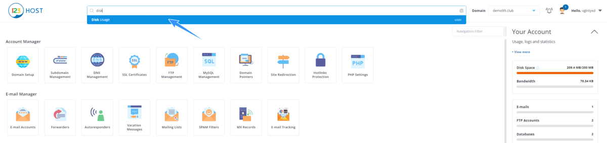 kiểm tra dung lượng bằng disk usage trên directadmin