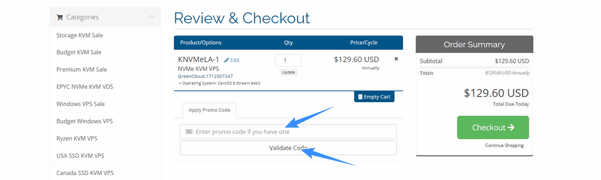 nhập greencloud promo code khi mua vps