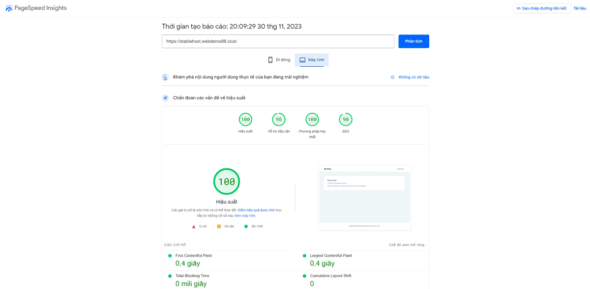 test tốc độ stablehost bằng google pagespeed insights