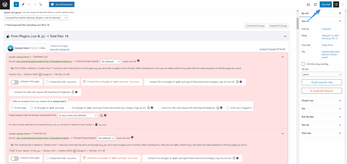 cấu hình css js cho bài viết riêng biệt asset cleanup
