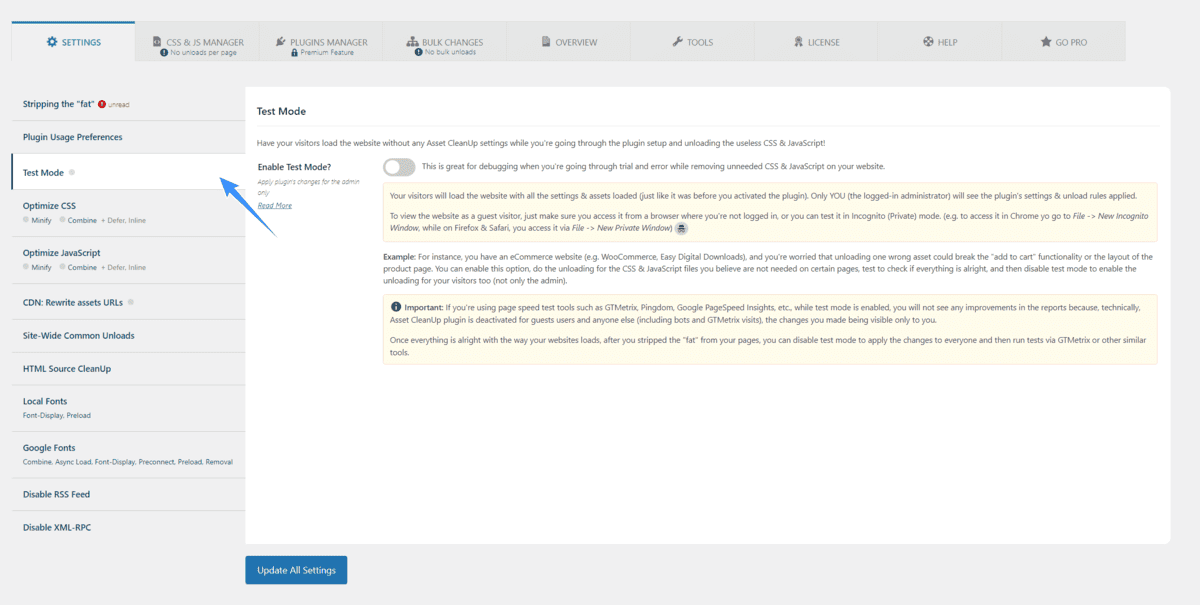 chế độ test mode cho plugin asset cleanup