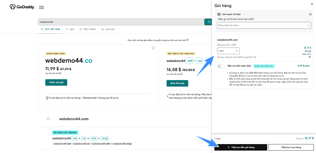 chọn tiếp tục đến giỏ hàng để mua tên miền godaddy