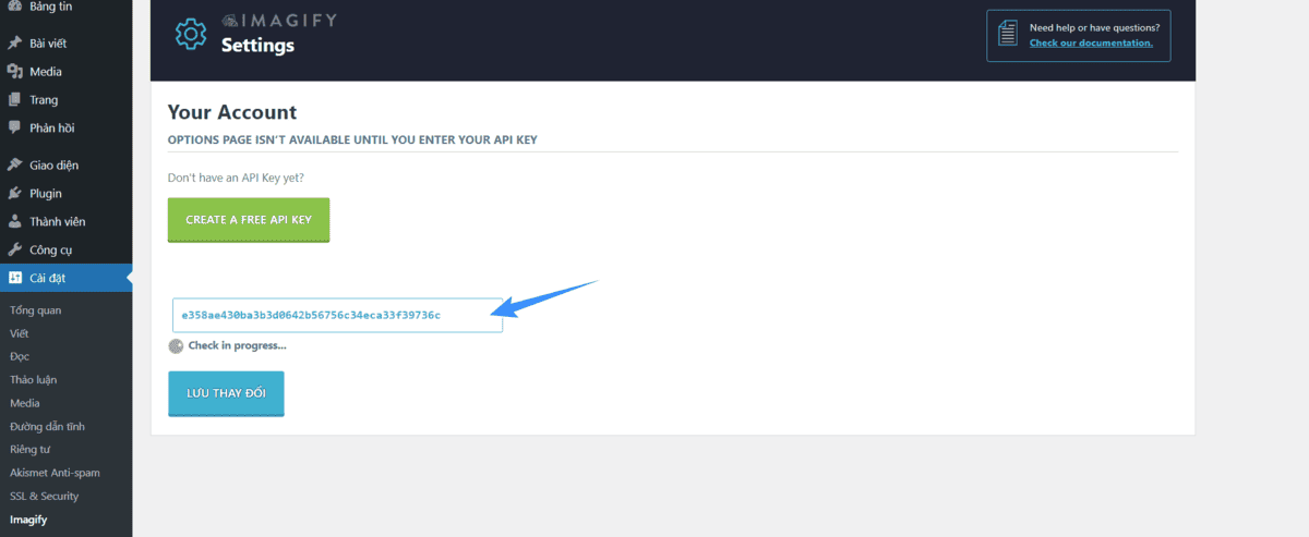 điển imagify api key vào website wordpress