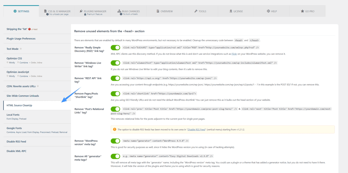 html source cleanup trên asset cleanup pro