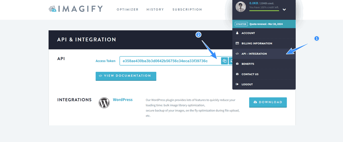 lấy api key cho plugin imagify