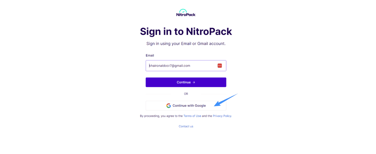 chọn đăng nhập google nitropack