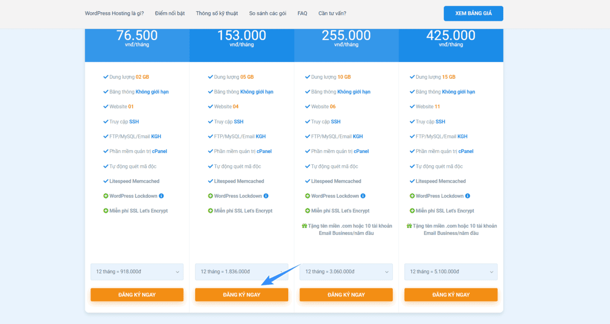chọn gói hosting bất kỳ tại hostvn